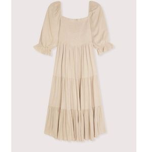 Oak + Fort Beige Smocked Midi Dress